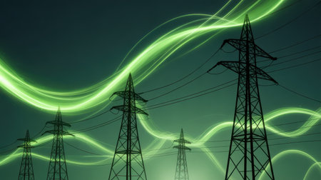 Silhouetted power transmission towers are set against a dark sky, with vibrant green energy waves flowing around them.の素材