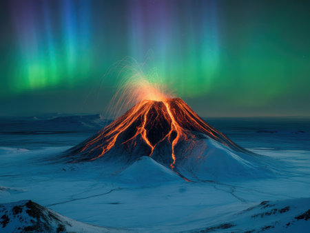 Erupting Volcano Under Aurora Borealis in Snowy Landscapeの素材