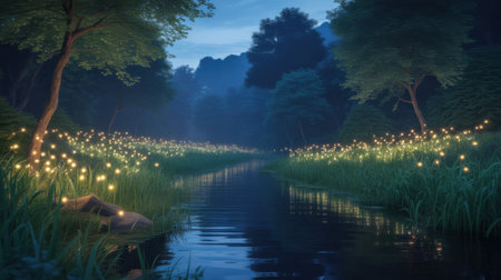 A tranquil stream flows through a dark forest, illuminated by rows of glowing fairy lights.の素材
