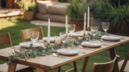 A beautifully set outdoor dining table with white candles, eucalyptus garland, and elegant tableware.の素材