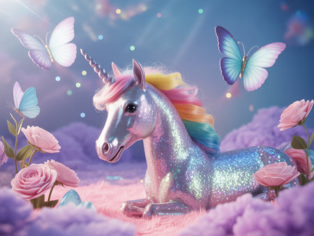 A shimmering unicorn with a rainbow mane rests in a pastel, dreamlike landscape with butterflies.の素材