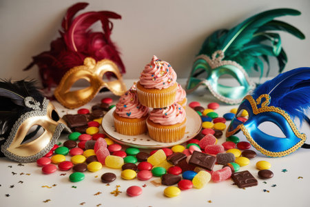 A flat lay arrangement features Venetian masks, cupcakes with pink frosting, and a colorful assortment of candies and chocolates scattered on a white surface.の素材