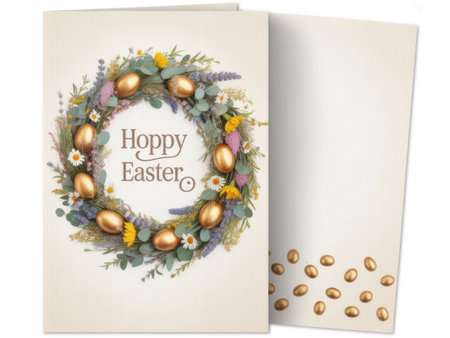 A charming Easter greeting card featuring a floral wreath with golden eggs and the text "Hoppy Easter."の素材