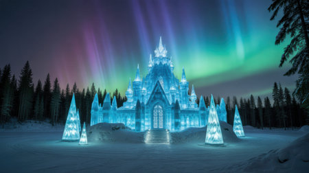 Enchanting Ice Castle Under the Aurora Borealis in a Winter Wonderlandの素材