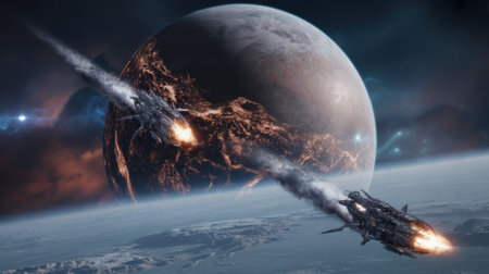 Epic Space Battle: Spaceships Engage Near a Fiery Planetの素材