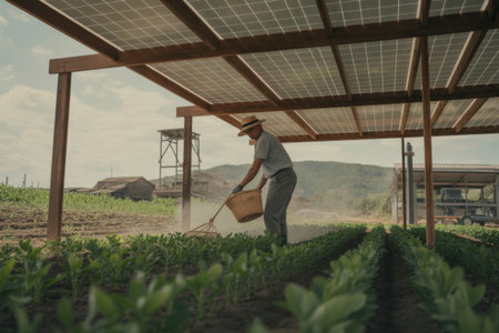 A farmer works in a field of young crops under a solar panel canopy, with rural buildings and mountains in the background.の素材