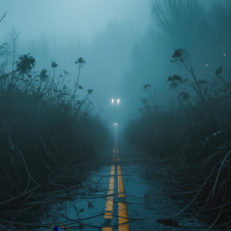A dark, foggy road with yellow lines leads into the distance, where car headlights glow eerily.の素材