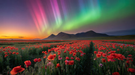 Field of Poppies Under Aurora Borealis and Sunset Skyの素材