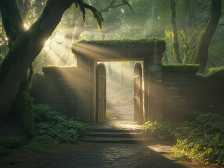 Enchanted Forest Gate Bathed in Ethereal Sunbeamsの素材