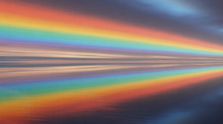 A broad rainbow spectrum reflects on dark water. Subtle horizontal cloud patterns are visible within the reflection and sky.の素材