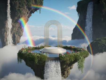 Ethereal Floating Islands with Rainbows and Golden Archwayの素材