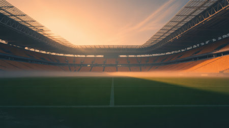 An empty stadium with rows of orange seats and a green grass field shrouded in mist. The sky is a warm orange hue with wispy clouds.の素材