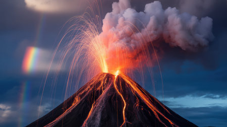 Erupting Volcano with Lava Flows and Rainbow Under Dramatic Skyの素材