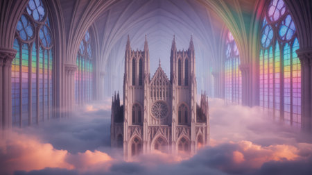 A majestic gothic cathedral floats in a sea of soft pink and purple clouds, illuminated by rainbow-colored light streaming through its stained glass windows.の素材