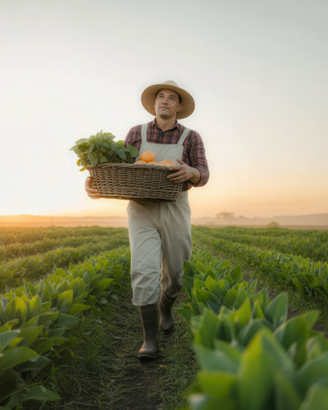 A farmer walks through a lush green field at sunset, carrying a basket filled with fresh produce.の素材