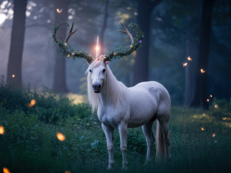 Enchanted Unicorn with Antlers and Flowers in a Magical Forestの素材