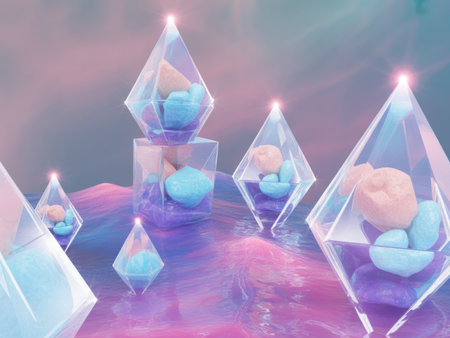 Abstract geometric crystal terrariums filled with glowing gems on a surreal, pastel-colored cosmic landscape.の素材