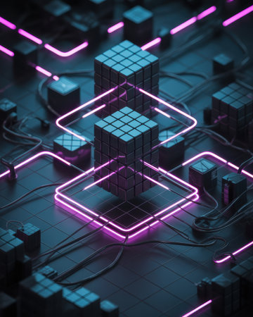 Abstract 3D render of dark cubes connected by glowing pink neon lines and wires.の素材
