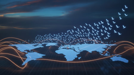 A digital world map with glowing connections, overlaid by a flock of birds migrating across the sky at twilight.の素材