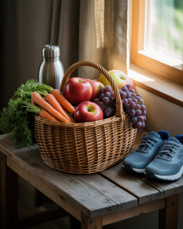 A woven basket overflowing with fresh apples, grapes, and carrots sits on a wooden table next to running shoes.の素材