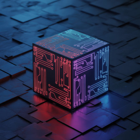 A glowing cube with circuit board patterns in neon red and blue sits on a dark, textured surface.の素材