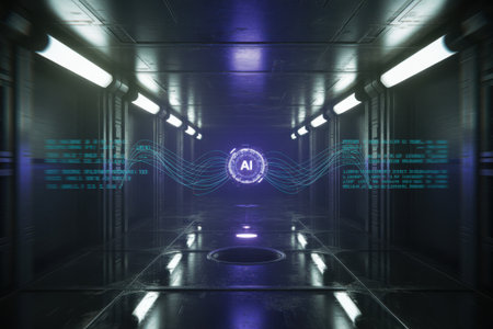 A dark metallic corridor with linear lights and a central glowing AI symbol surrounded by digital data streams and wavy lines.の素材