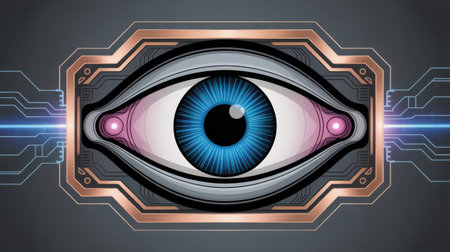 A stylized, futuristic cybernetic eye with a bright blue iris, surrounded by metallic circuitry and glowing blue light beams.の素材