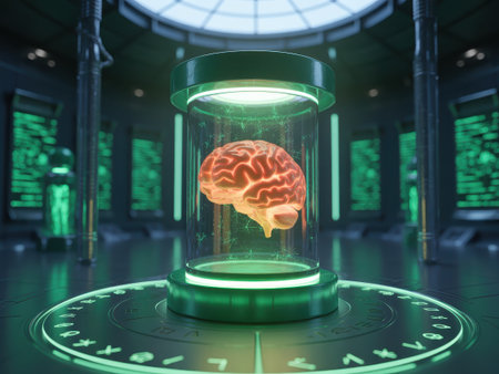 A human brain glows within a futuristic laboratory pod, surrounded by advanced technology and green neon lights.の素材