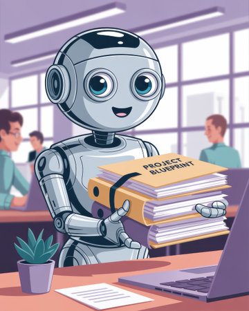 A cute robot holds project blueprint documents in a modern office setting with colleagues in the background.の素材