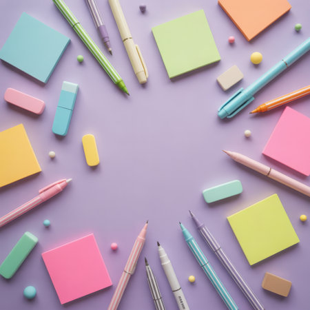 A flat lay arrangement of colorful stationery including pens, markers, erasers, and sticky notes on a pastel purple background.の素材