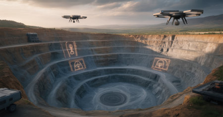 Futuristic Drones Surveying a Massive Open-Pit Mine with Holographic Markingsの素材
