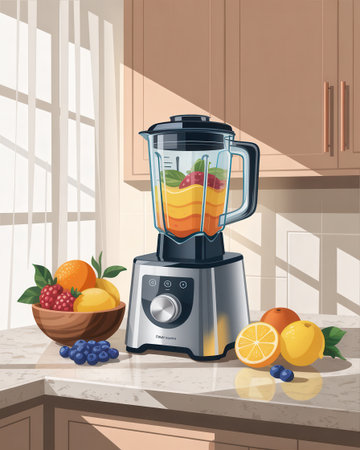 A blender filled with a colorful fruit smoothie sits on a kitchen counter next to fresh berries and citrus fruits.の素材