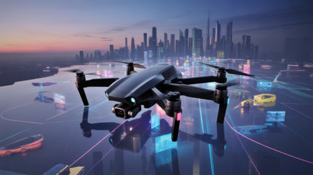 A sleek drone hovers over a reflective surface, with a futuristic cityscape and holographic displays in the background.の素材