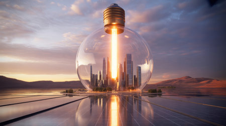 Futuristic Cityscape Inside a Light Bulb on Solar Panels at Sunsetの素材