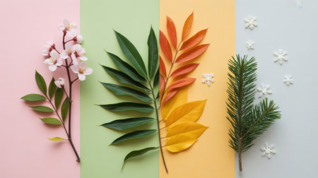 A visual representation of the four seasons using natural elements like flowers, leaves, and pine on pastel backgrounds.の素材