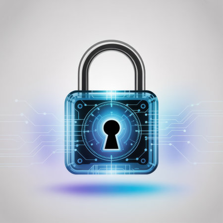 A futuristic digital padlock with glowing blue circuitry and a keyhole against a light background.の素材