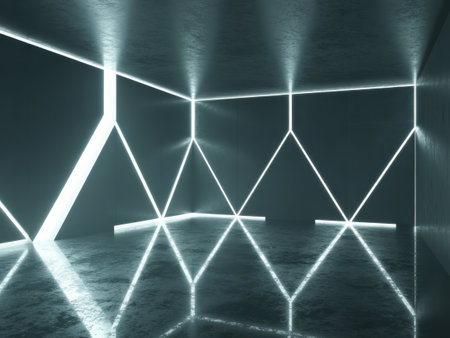 A dark, modern interior space with geometric patterns of bright white light on the walls and floor.の素材
