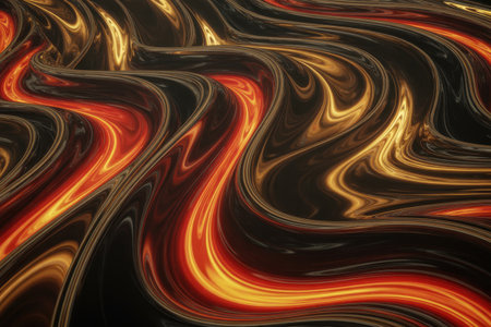 Abstract swirling waves of molten lava in shades of glowing orange red and gold against a dark background.の素材