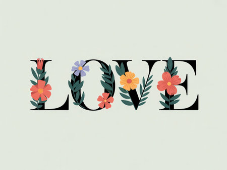 The word "LOVE" is spelled out in bold black letters, adorned with colorful flowers and green leaves.の素材