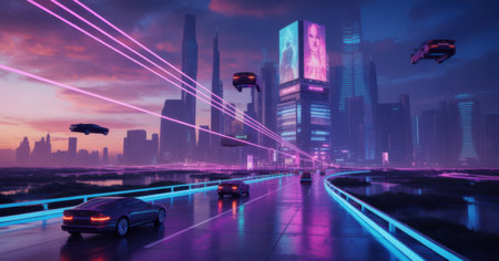 Futuristic Cityscape with Flying Cars and Neon Lights at Duskの素材