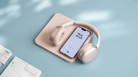 Overhead view of rose gold headphones and a smartphone displaying a new email notification on a pastel blue surface with shadows.の素材