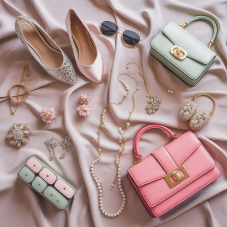 A flat lay arrangement of pastel colored fashion accessories including pink and mint handbags, silver and pink shoes, pearl necklaces, and sparkling jewelry on a draped satin fabric.の素材