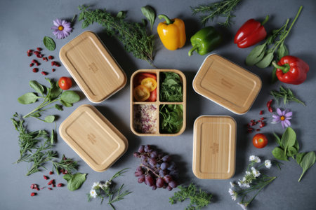Overhead view of bamboo lunch boxes surrounded by fresh vegetables, herbs, grapes, and pomegranate seeds on a grey surface.の素材