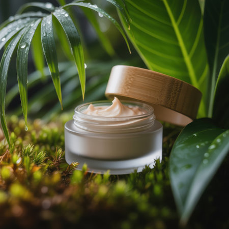 A frosted glass jar of pale pink cream with a bamboo lid sits on moss surrounded by vibrant green leaves with water droplets.の素材