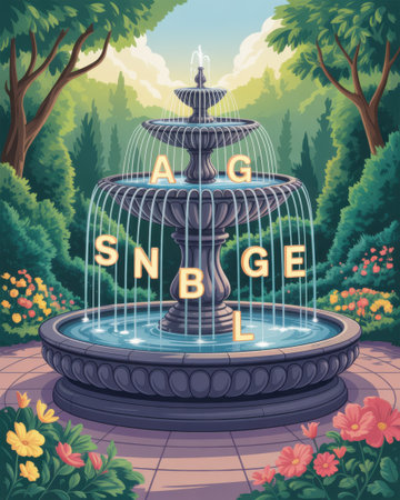 A beautiful tiered fountain in a vibrant garden, with letters floating in the cascading water.の素材