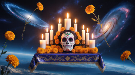 A decorated skull sits on an altar with white candles and orange marigolds, set against a swirling blue and pink galaxy.の素材