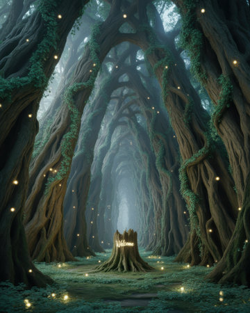 A mystical forest path lined with ancient trees covered in vines and glowing lights. A tree stump with the word "Welcome" carved into it sits at the center.の素材