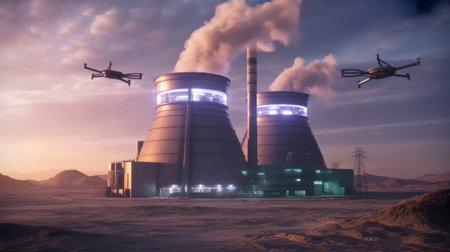 Futuristic Power Plant with Drones and Cooling Towers at Duskの素材
