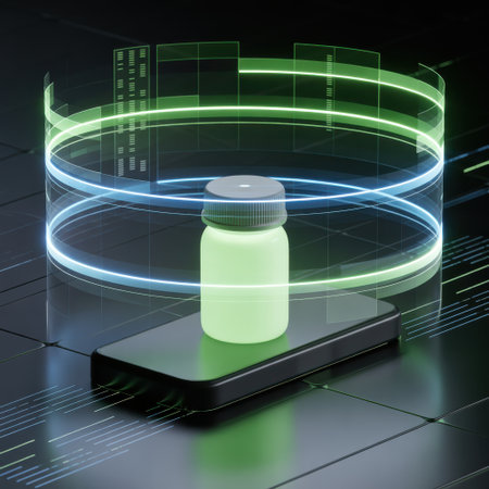 A glowing vial sits on a smartphone, surrounded by futuristic digital data visualizations.の素材