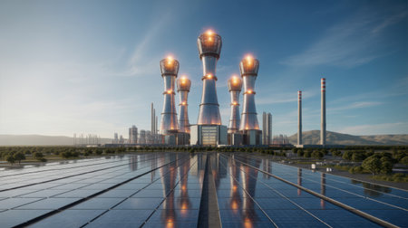 Futuristic Power Plant with Solar Panels and Cooling Towersの素材